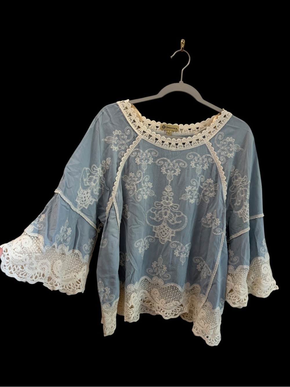Democracy Castlecore Boho Revival Sky Blue Crochet-Trim Peasant Top Size Large